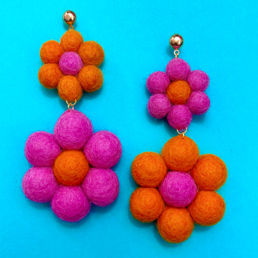 Pink & Orange Large Wool Felt Drop Earrings