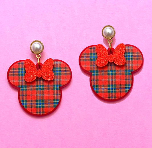 Plaid Sparkle Bow Minnie Drop Earrings