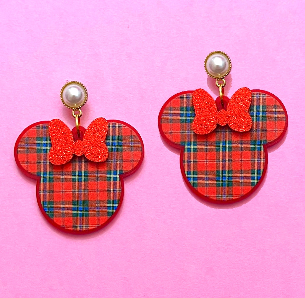 Plaid Sparkle Bow Minnie Drop Earrings