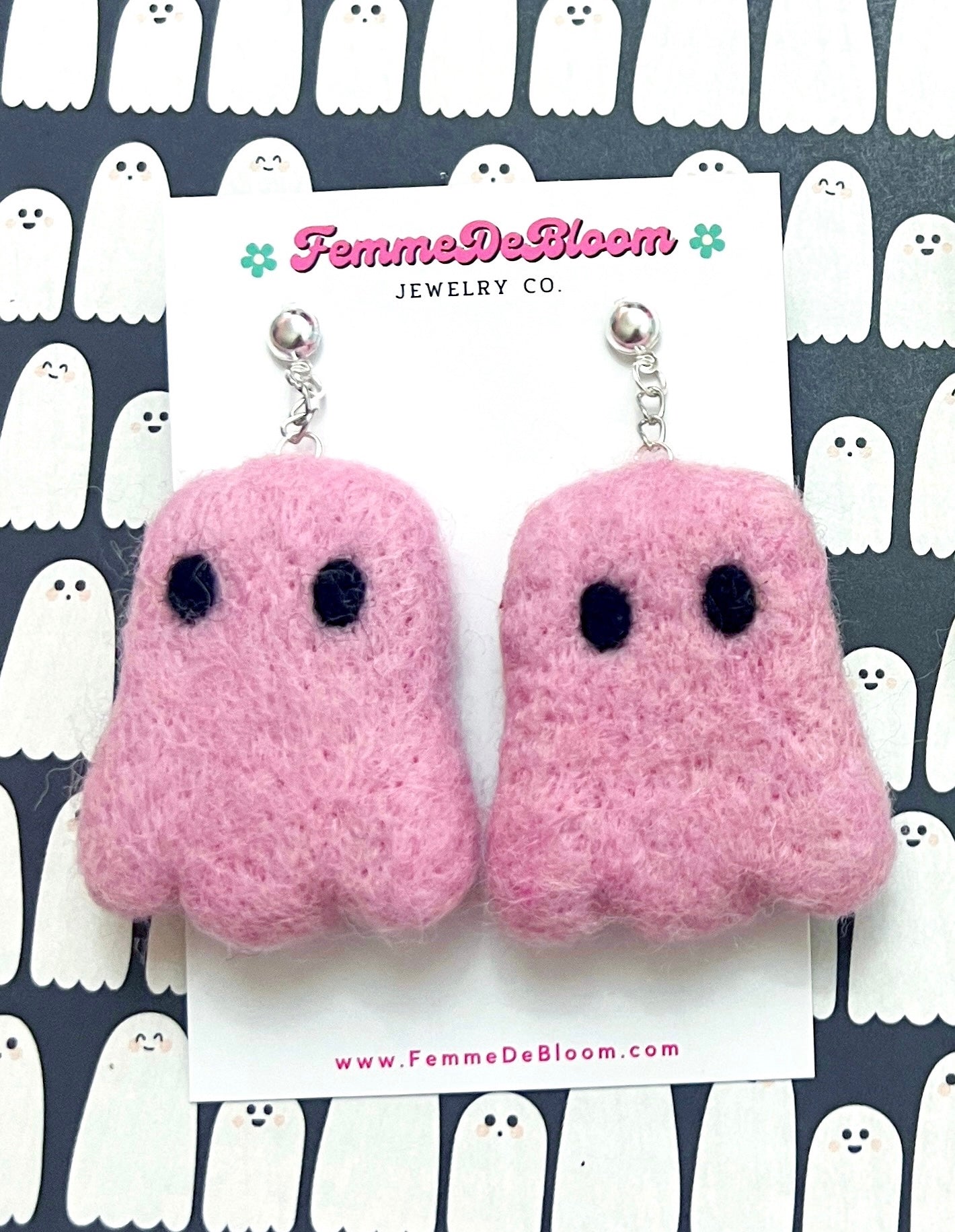 Pink Ghost Wool Felt Drop Earrings