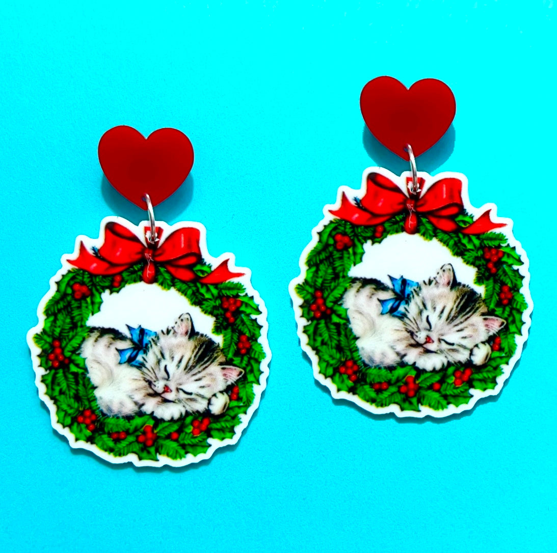 Vintage Cat Wreath Drop Earrings