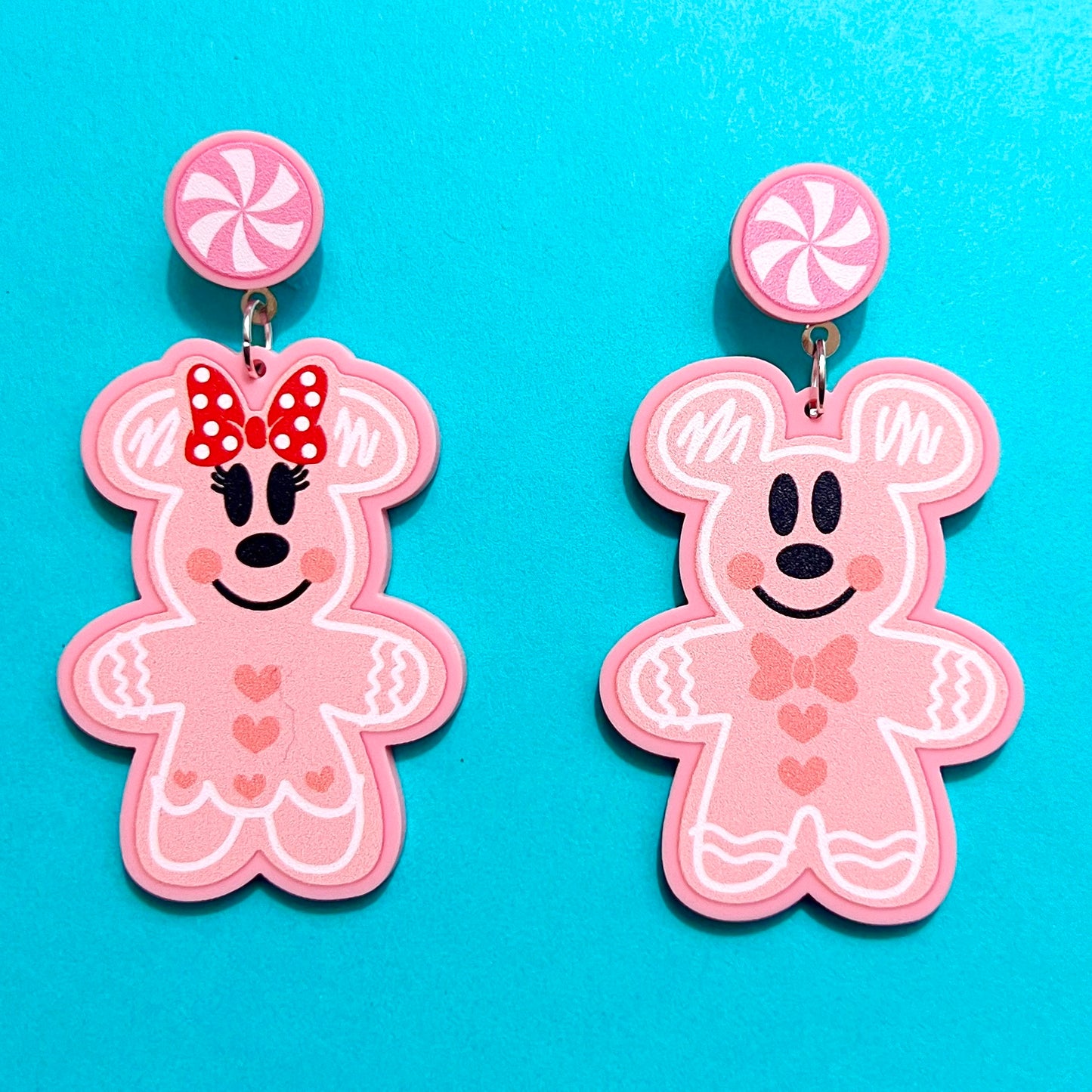 Pink Mouse Gingerbread Couple Drop Earrings