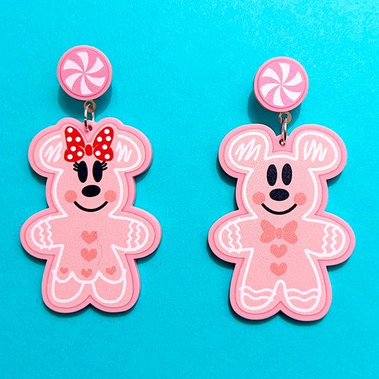 Pink Mouse Gingerbread Couple Drop Earrings