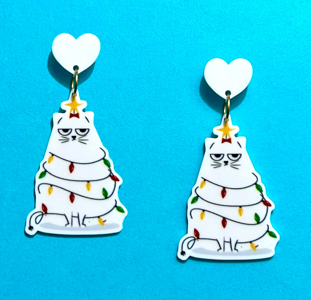 Christmas Tree Cat Drop Earrings