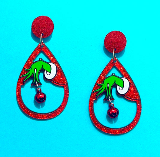 Grinch Sparkle Teardrop Drop Earrings