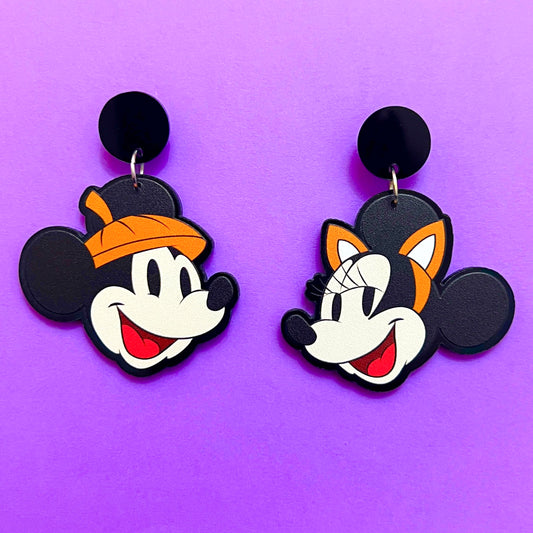Retro Mouse Cat & Pumpkin Couple Halloween Drop Earrings