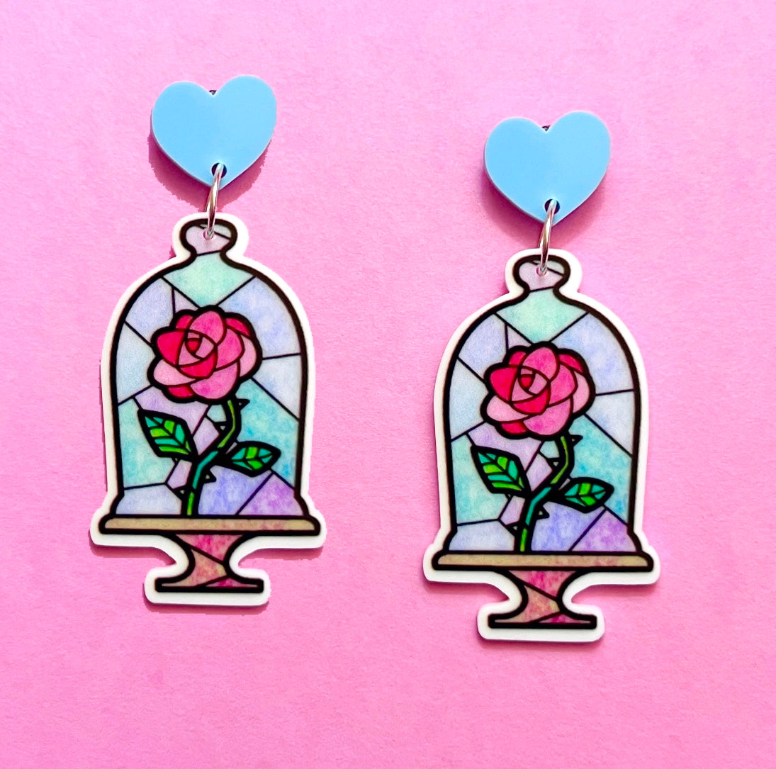 Enchanted Stained Glass Rose Inspired Drop Earrings