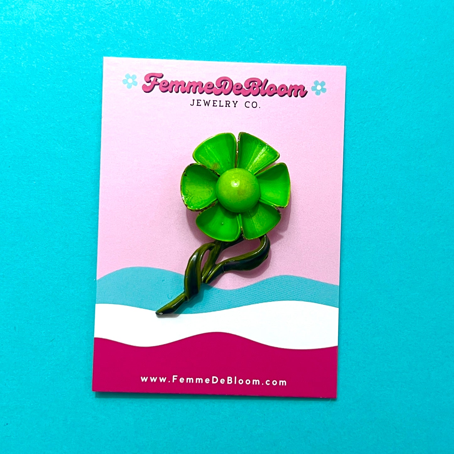 1960s Green Mod Flower & Stem Vintage Brooch