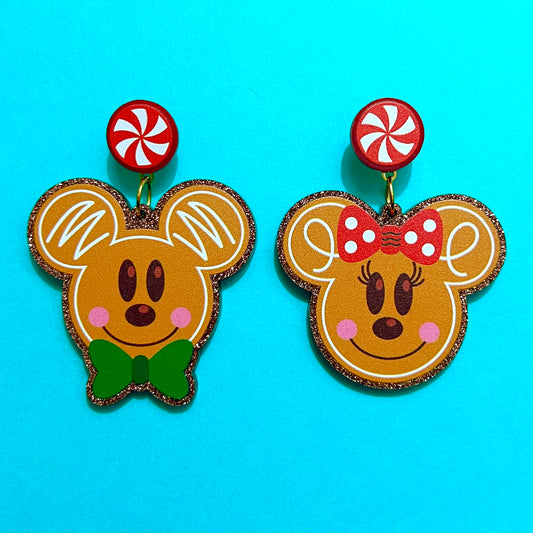 Mouse Sparkle Gingerbread Couple Head Drop Earrings