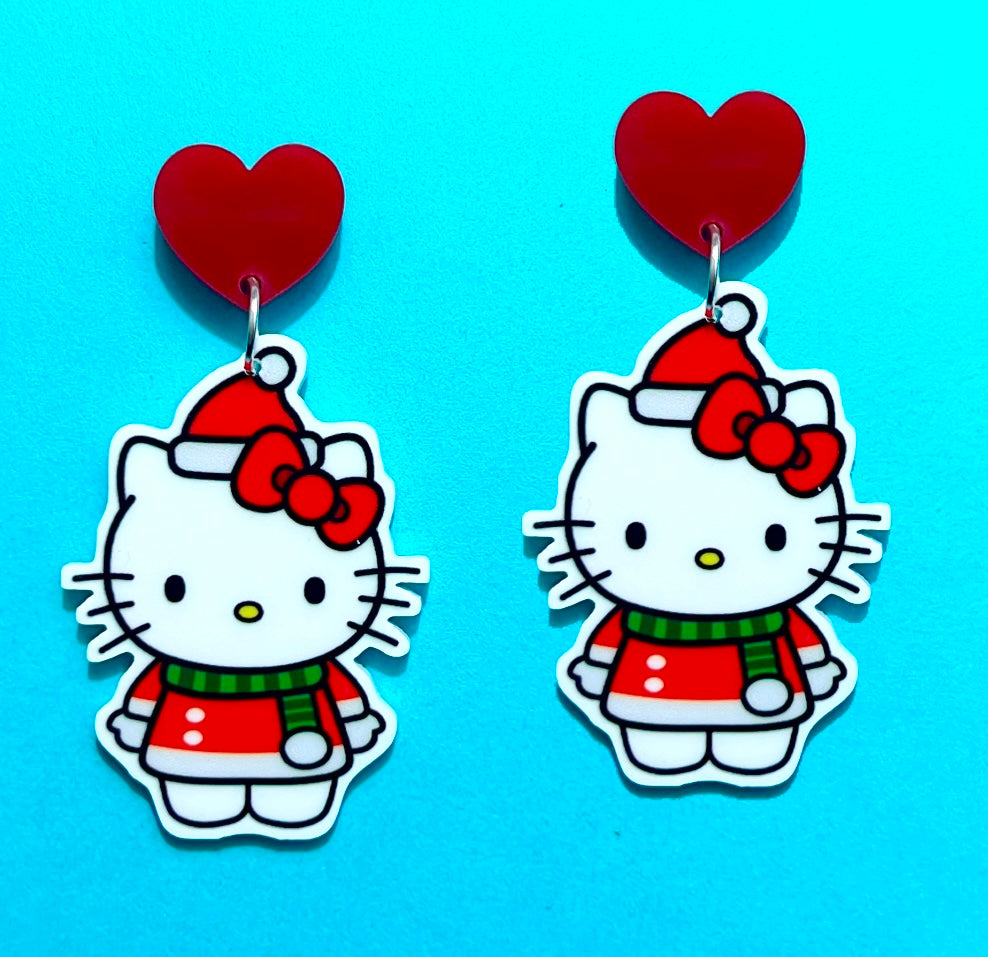 Santa Hat Red Kitty Drop Earrings