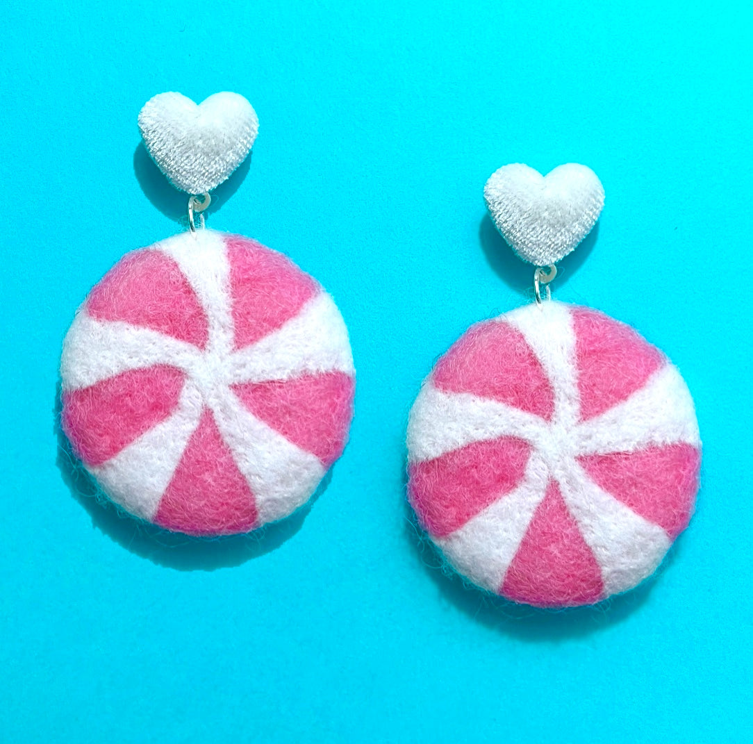 Pink Peppermint Wool Felt Drop Earrings