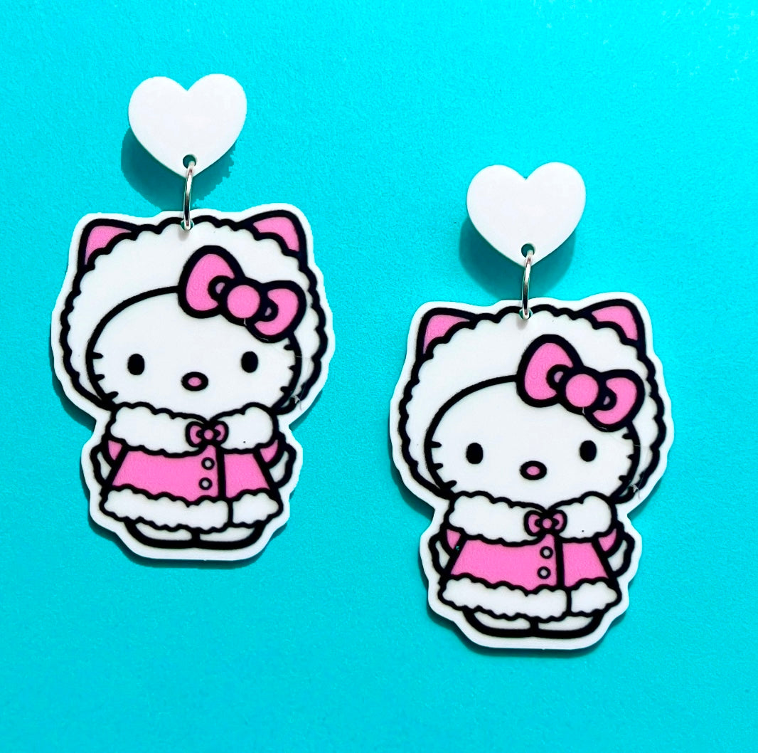 Pink Winter Kitty Drop Earrings