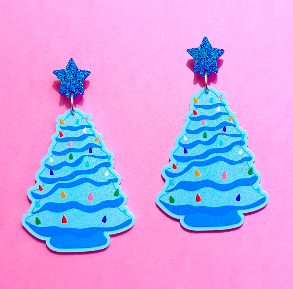 Blue Ceramic Inspired Christmas Tree Drop Earrings