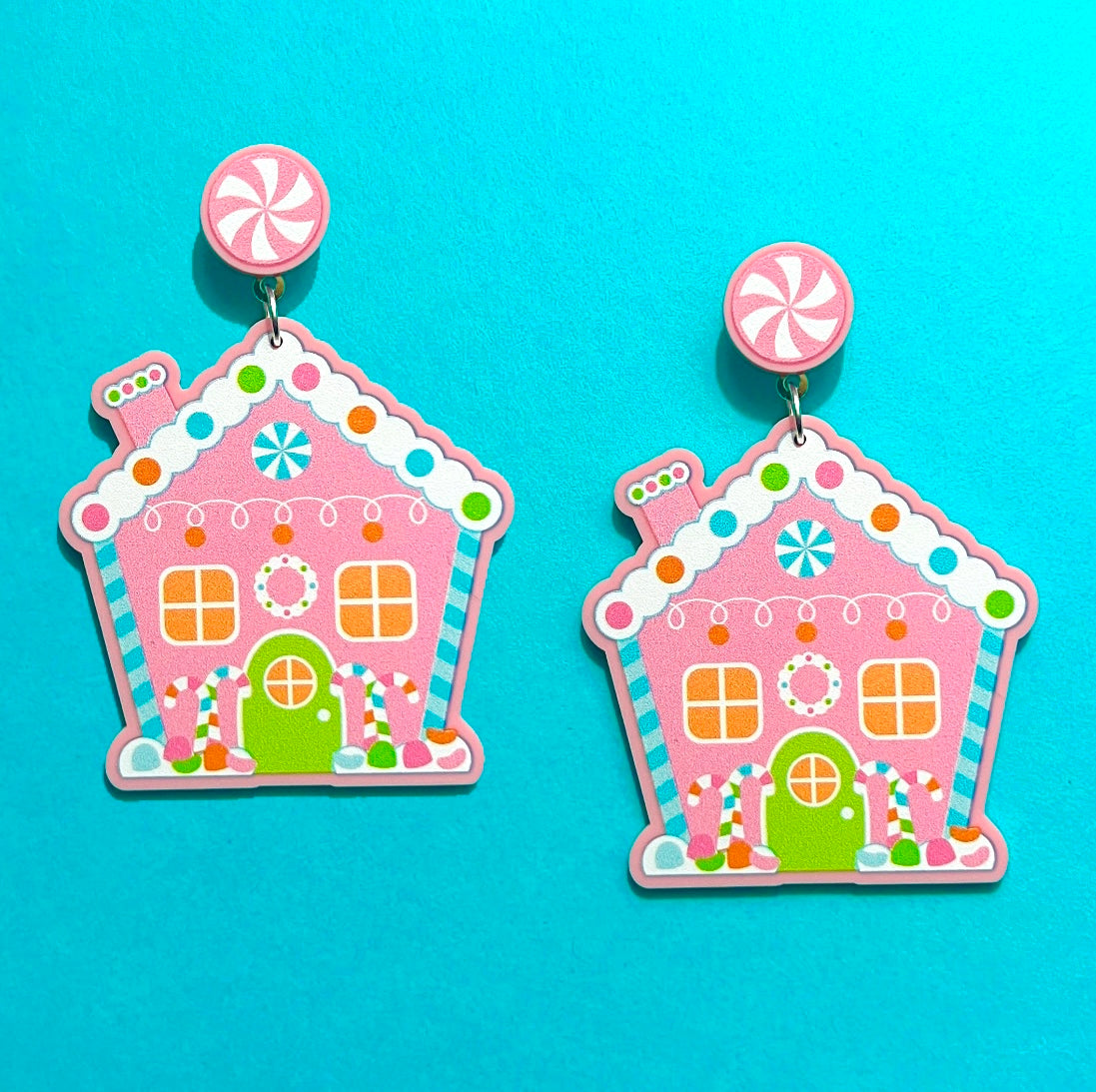 Pink Gingerbread House Drop Earrings