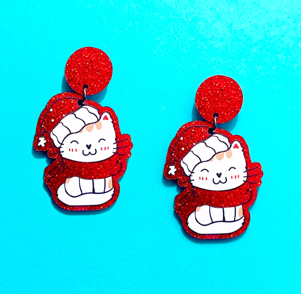 Santa Hat Sparkle Cat Drop Earrings