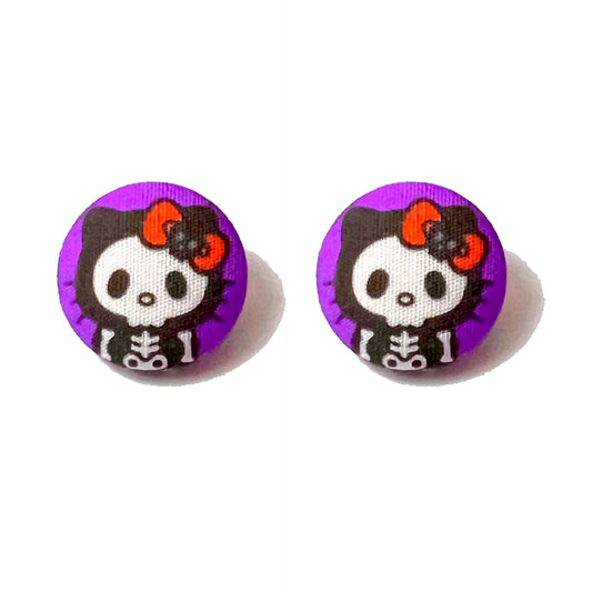 Skeleton Kitty Fabric Button Earrings