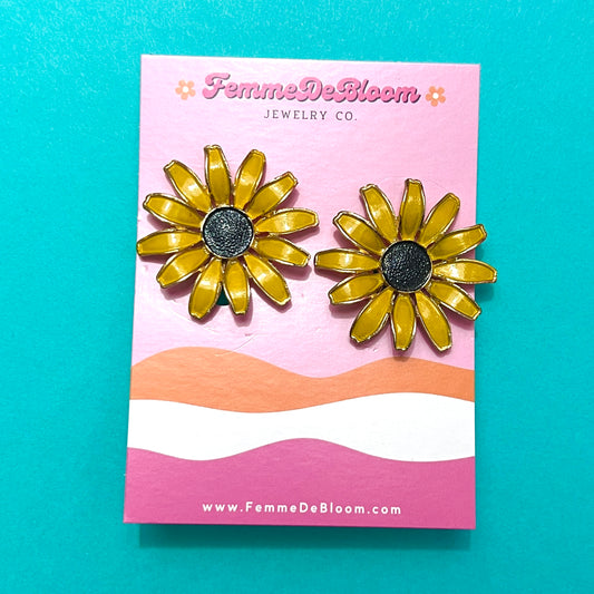 1960s Enamel Sunflower Clip On Earrings