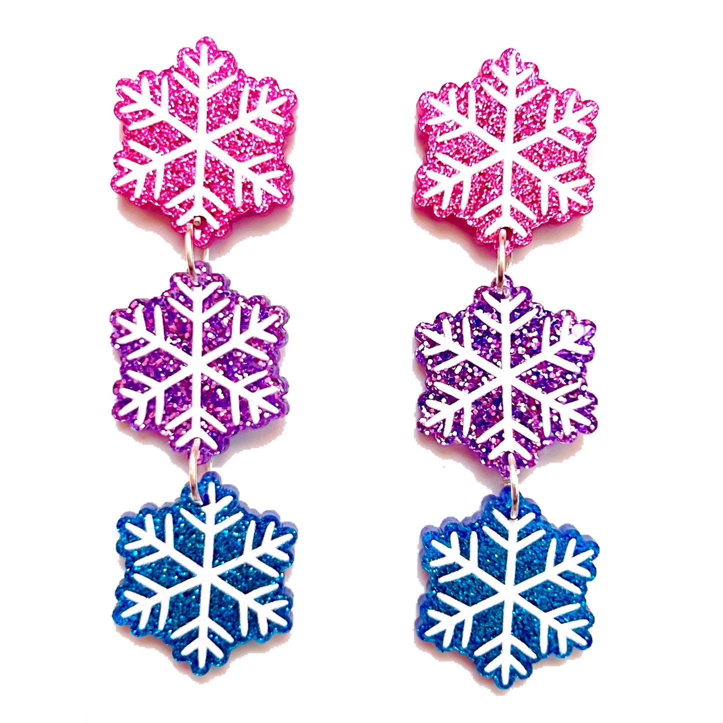 Pink, Purple & Blue Glitter Snowflake Tiered Drop Earrings