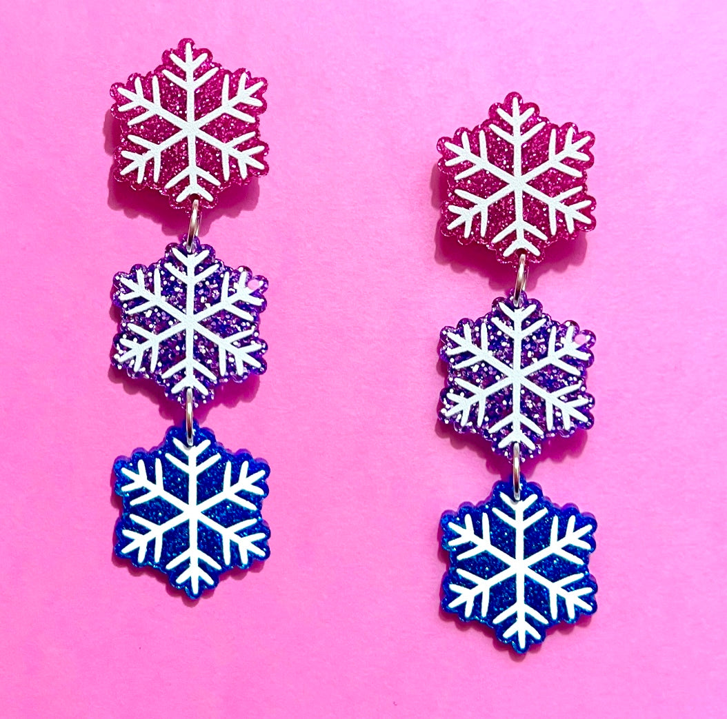 Pink, Purple & Blue Glitter Snowflake Tiered Drop Earrings