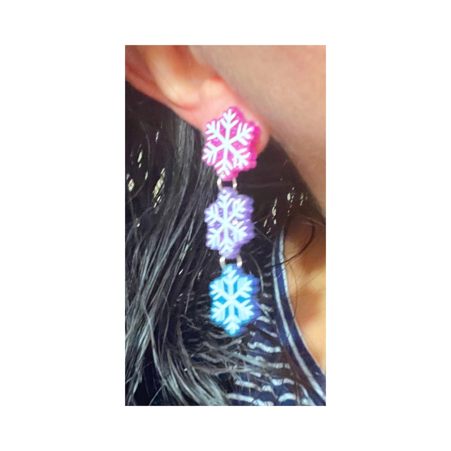 Pink, Purple & Blue Glitter Snowflake Tiered Drop Earrings