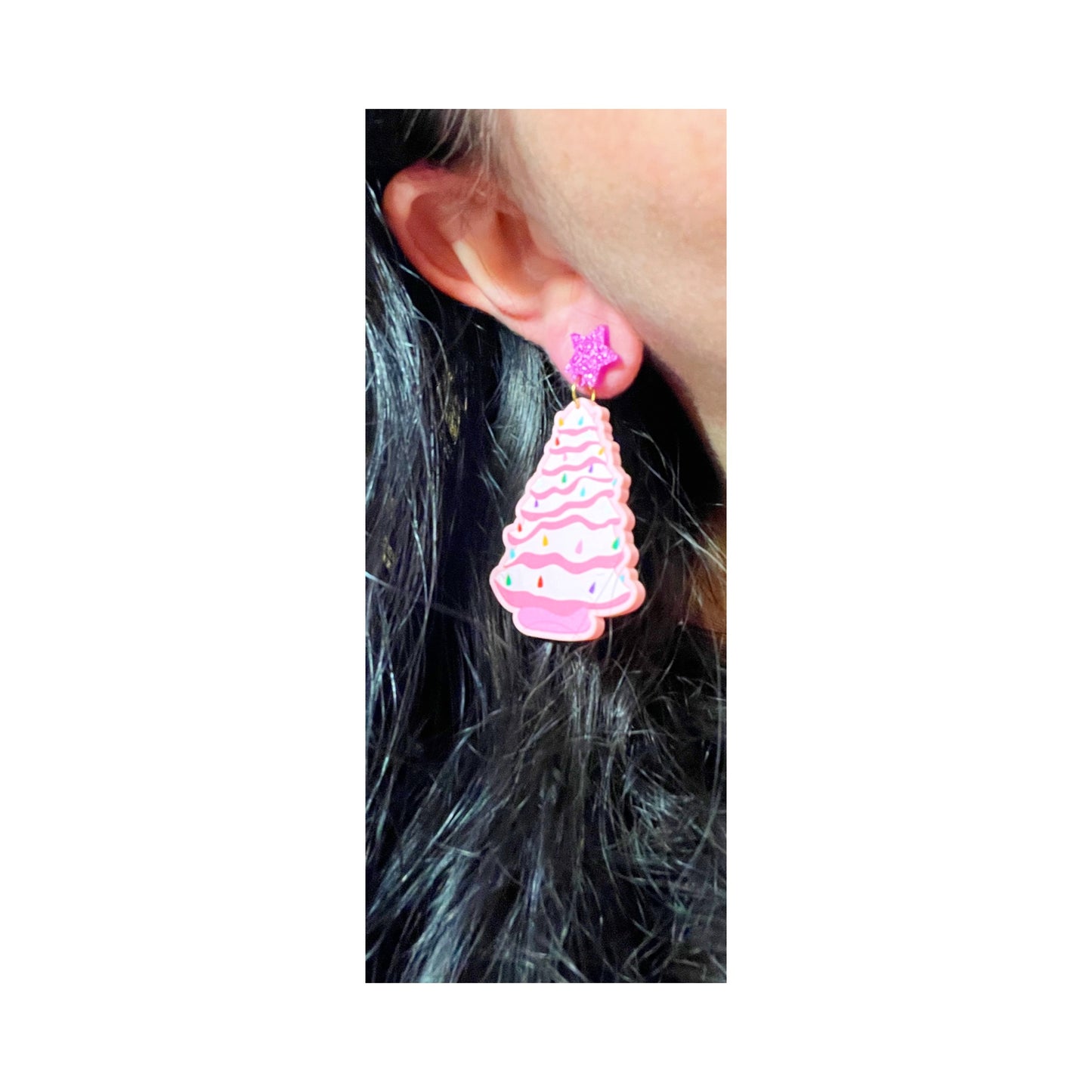 Pink Ceramic Inspired Christmas Tree Drop Earrings