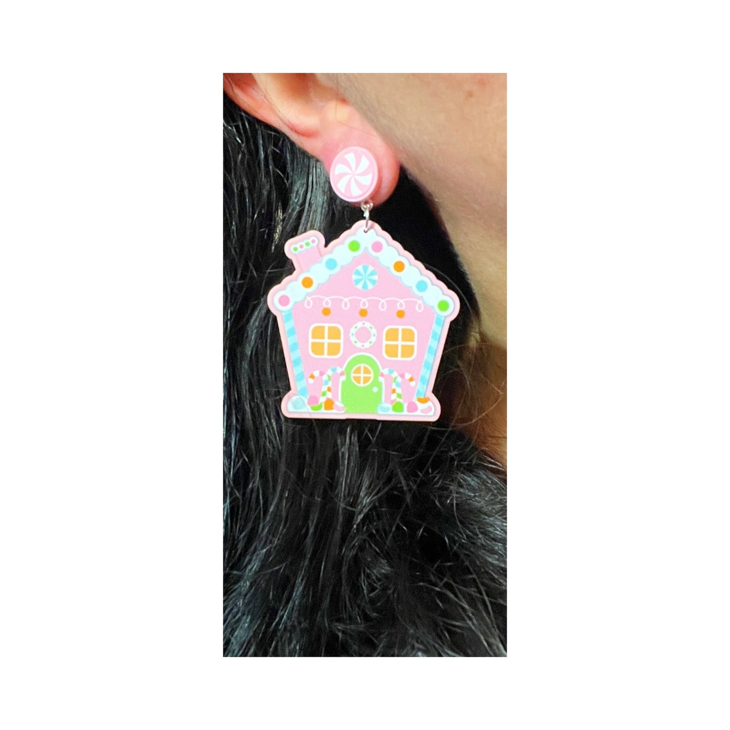 Pink Gingerbread House Drop Earrings