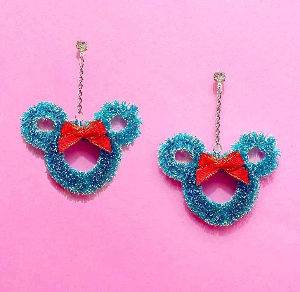 Mouse Wreath Red Bow Hanging Drop Earrings