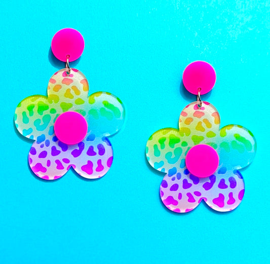 Leopard Neon Flower Acrylic Drop Earrings