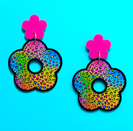 90s Neon Leopard Print Flower Acrylic Drop Earrings