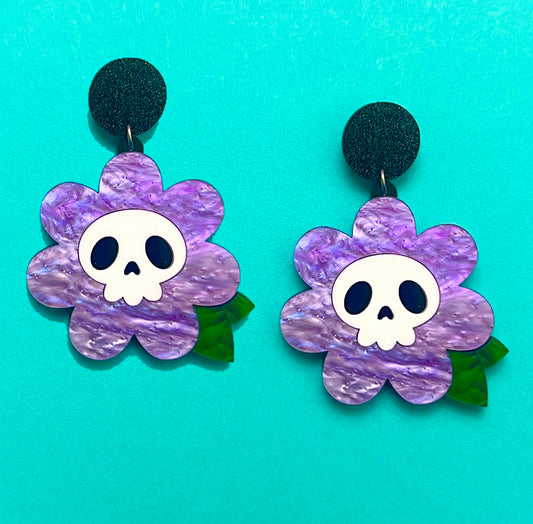Skull Purple Flower Acrylic Drop Earrings