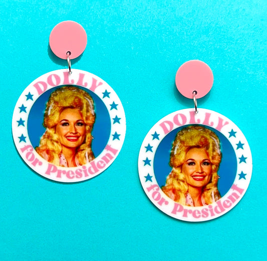 Dolly For President Acrylic Drop Earrings