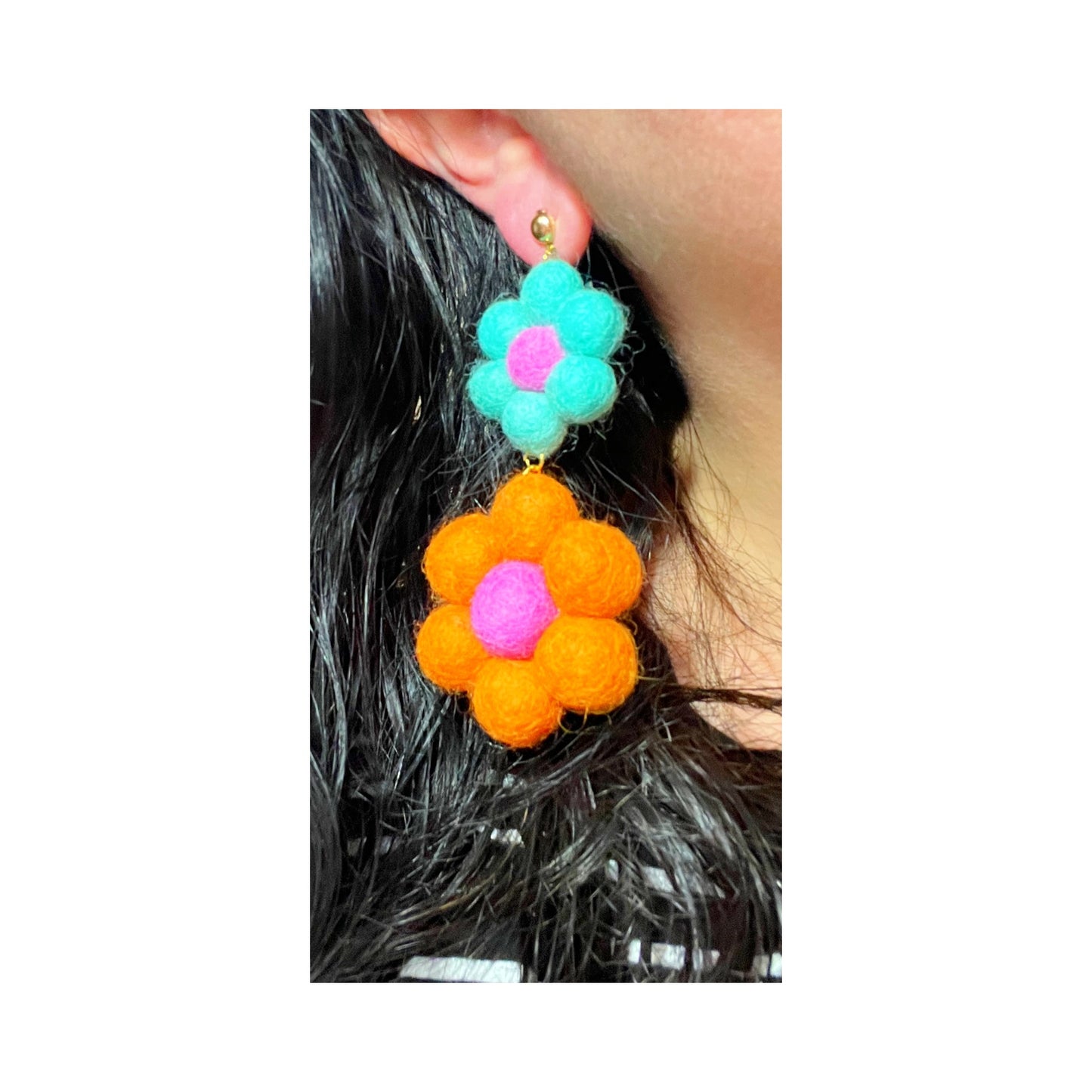 Large Multicolor Double Flower Wool Felt Drop Earrings