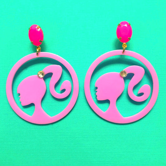 Retro Doll Silhouette Pink Drop Earrings