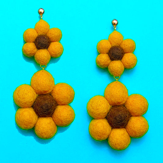 Large Double Sunflower Wool Felt Drop Earrings