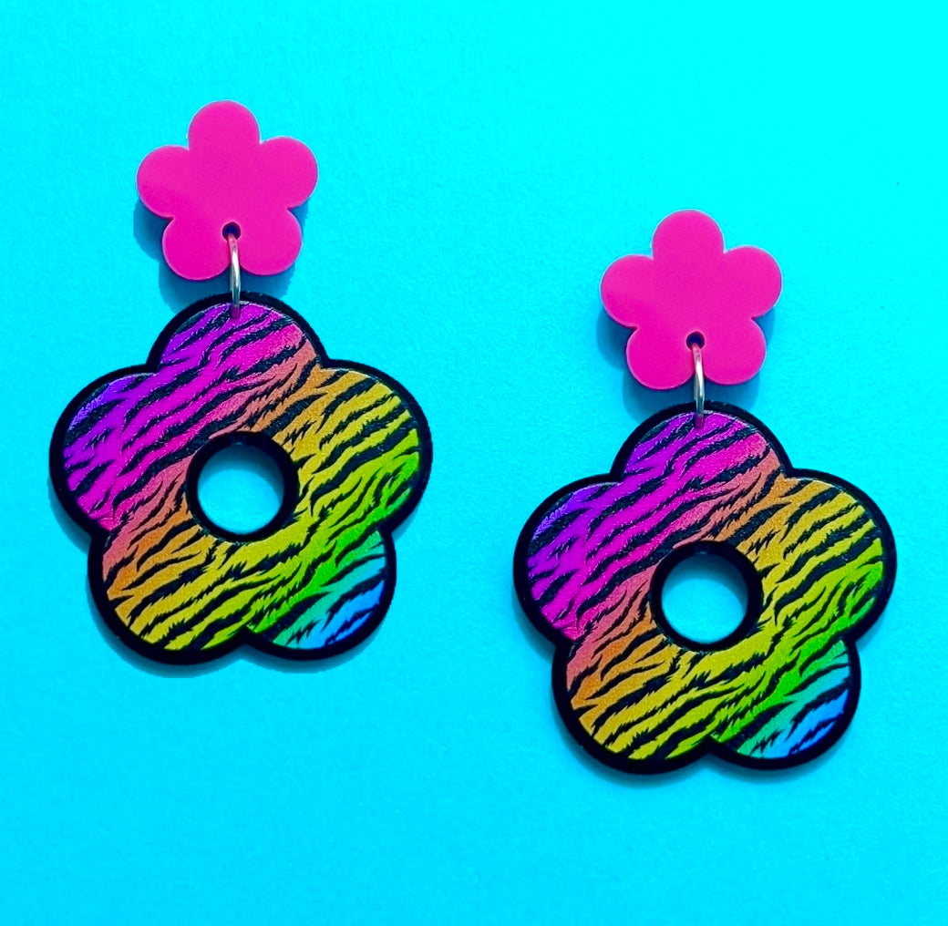 90s Neon Zebra Print Flower Acrylic Drop Earrings