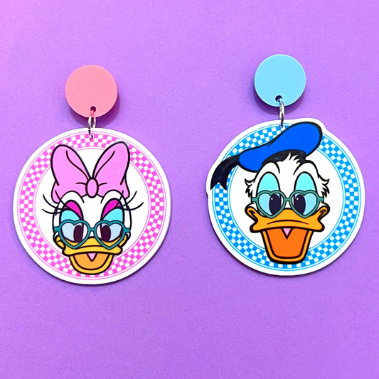Retro Duck Couple Checkered Drop Earrings