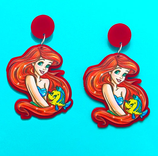 Mermaid & Guppy Watercolor Acrylic Drop Earrings
