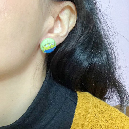 Toy Alien Inspired Fabric Button Earrings