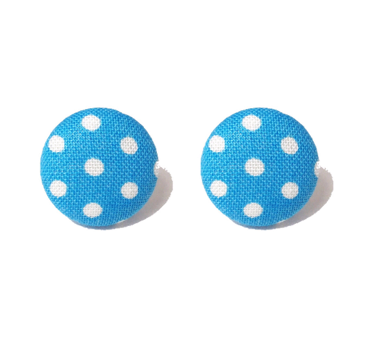 Blue & White Polka Dot Fabric Button Earrings