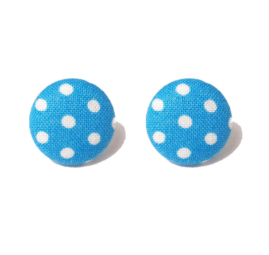 Blue & White Polka Dot Fabric Button Earrings