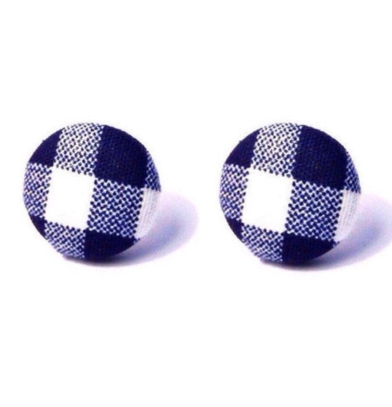 Charlotte Navy Plaid Gingham Print Fabric Button Earrings