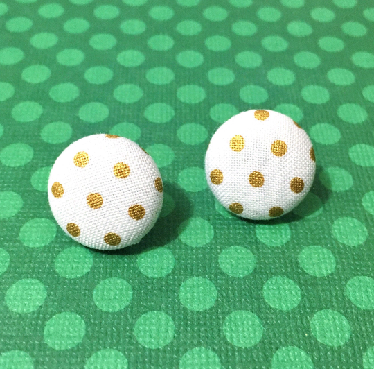 Gilded Dots White and Gold Polka Dot Fabric Button Earrings