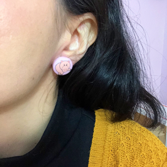 Piggy Bank Fabric Button Earrings