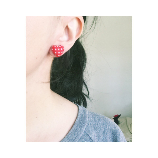 Red & White Polka Dot Heart Fabric Button Earrings
