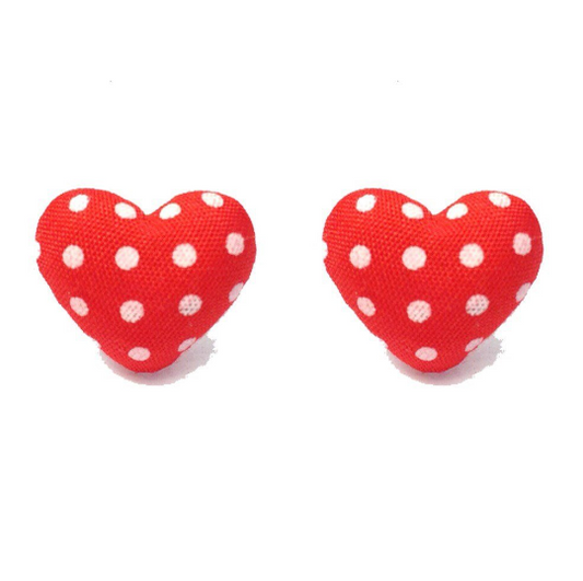 Red & White Polka Dot Heart Fabric Button Earrings