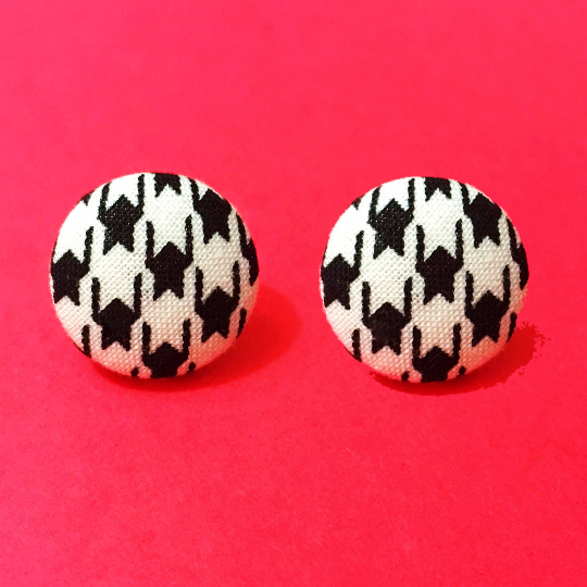Victoria Houndstooth Black Fabric Button Earrings
