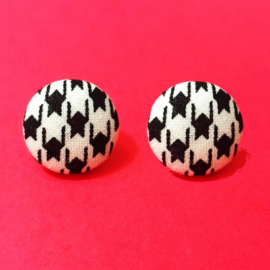 Victoria Houndstooth Black Fabric Button Earrings