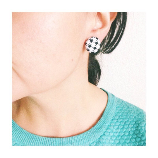 Victoria Houndstooth Black Fabric Button Earrings