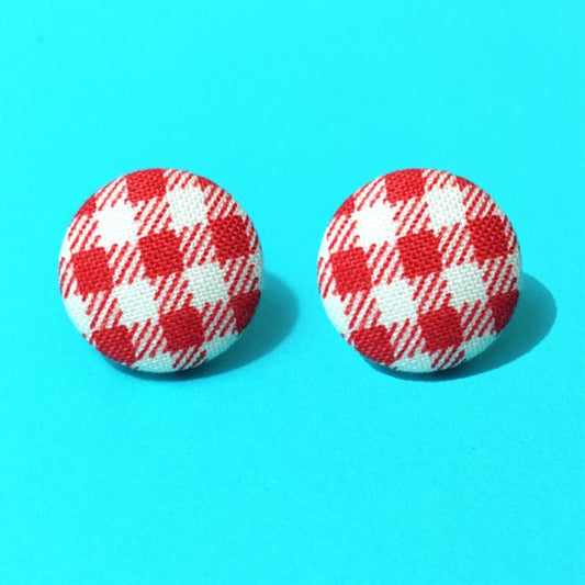 Red Gingham Fabric Button Earrings