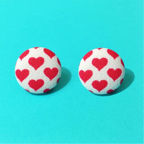 Red & White Heart Fabric Button Earrings